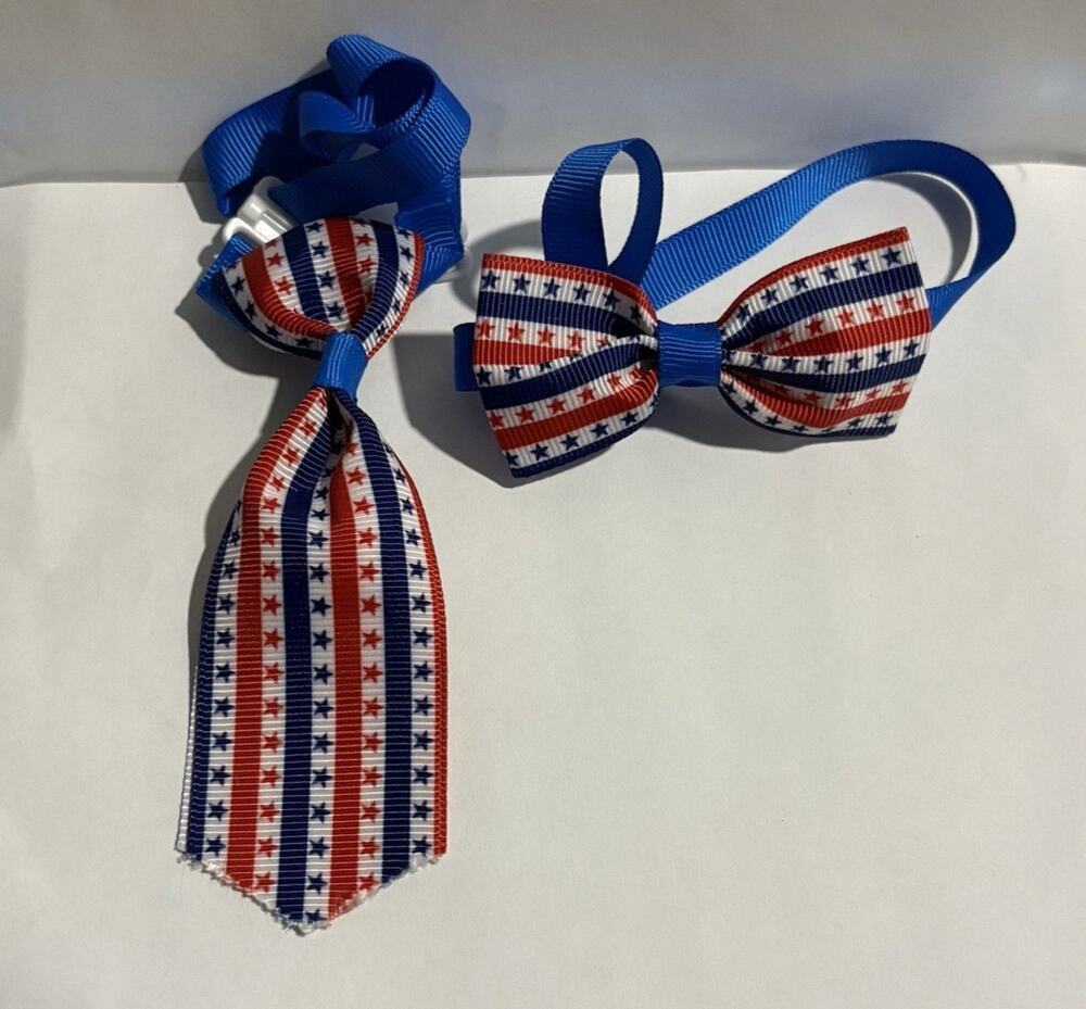 Bow Tie Necktie Set 250th July 4th USA Flag Stars Stripes RWB Dog Cat 7"+